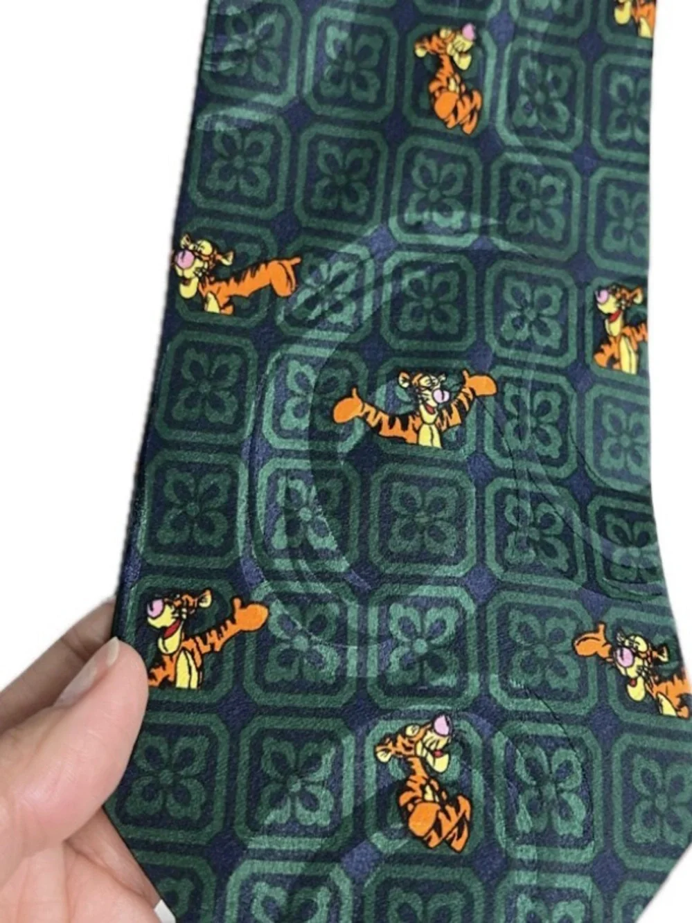 Vintage Disney TIGGER 100% SILK Novelty Tie Green Geometric 90s Nostalgia Whimsy
